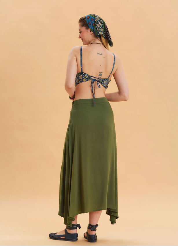 Khaki Asymmetrical Skirt with Zipper Detail and Slit 4639